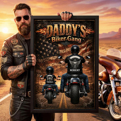 Daddy's Biker Gang Personalized Poster, Dad & Child Riding Motorcycles, Unique Father's Day Gift for Dad