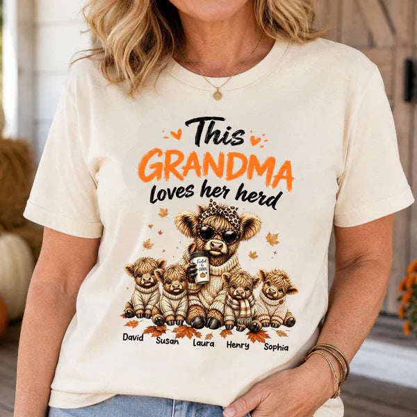 Personalized Classic Tee, Grandma Herd Highland Cow Fall Design, Unique Gift for Grandma