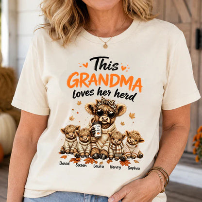 Personalized Classic Tee, Grandma Herd Highland Cow Fall Design, Unique Gift for Grandma