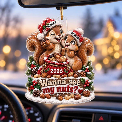 Personalized Acrylic Ornament with Cuddling Christmas Squirrels, Creative Gift for Couples