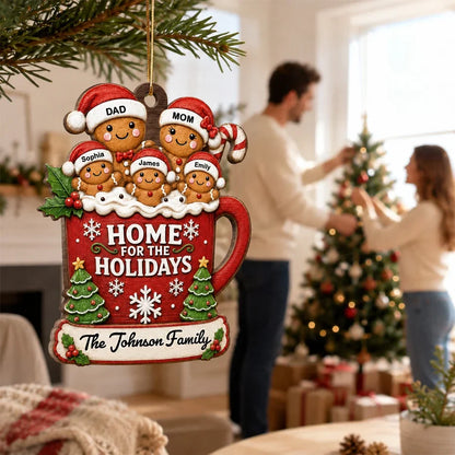 Personalized Wooden Ornament, Gingerbread Family in Hot Cocoa on a Christmas Tree, Unique Gift for Mom & Dad