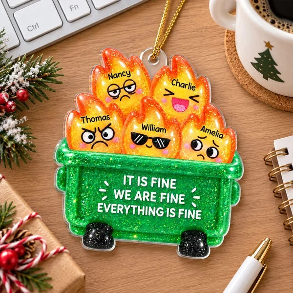 Personalized Acrylic Ornament, Bright Dumpster Fire Cartoon, Unique Christmas Gift for Friends and Coworkers
