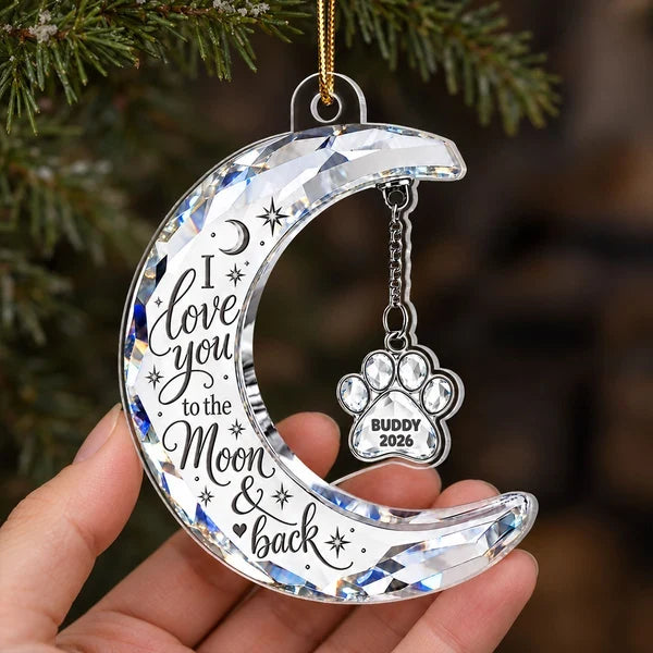 Personalized Acrylic Ornament, Faceted Moon & Paw Memorial on an Evergreen, Unique Gift for Pet Owners