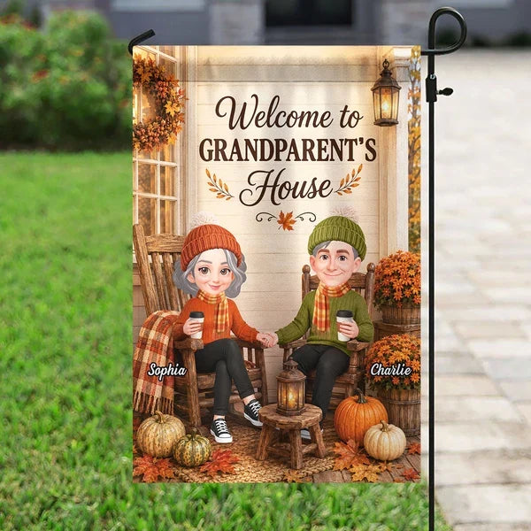 Welcome to Grandparents' House Garden Flag, Holding Hands on a Fall Porch, Personalized Creative Gift