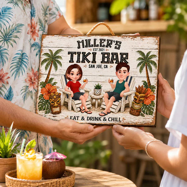 Personalized Tiki Bar Wooden Sign, Cartoon Couple Holding Drinks, Unique Gift For Couples