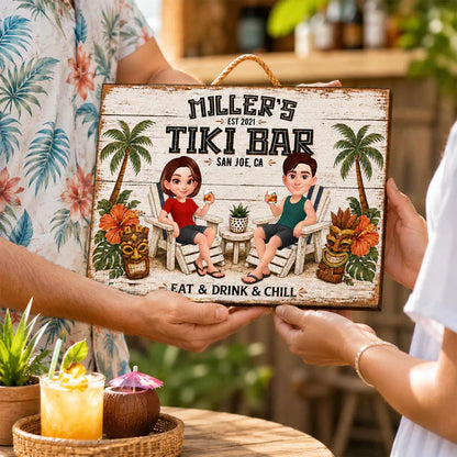 Personalized Tiki Bar Wooden Sign, Cartoon Couple Holding Drinks, Unique Gift For Couples