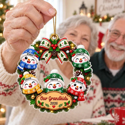 Personalized Acrylic Ornament with Cute Snowman Grandkids Wreath, Unique Christmas Gift for Grandparents