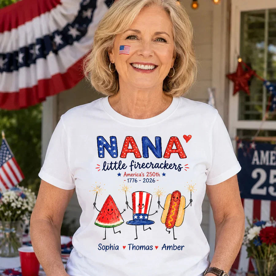 Personalized Classic Tee for Grandma, Little Firecrackers Holding Sparklers, Unique Patriotic Gift