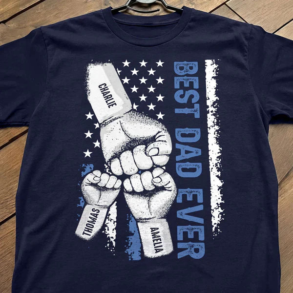 Personalized Classic Tee with Dad & Kids Fist Bump, Flag Style, Unique Gift for Dad