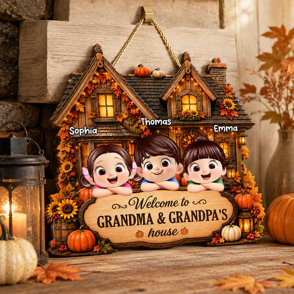 Wooden Sign with Welcome to Grandma & Grandpa's House, Cozy Autumn Cottage, Unique Creative Gift from Family