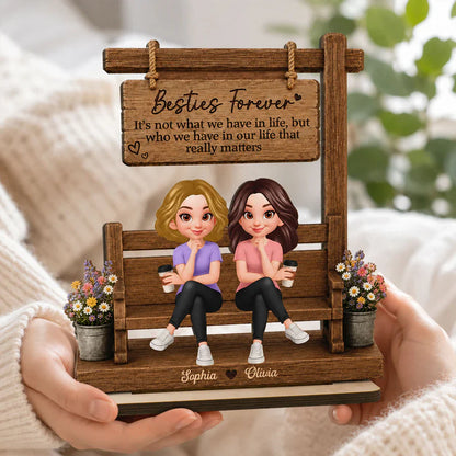 Personalized Besties Forever 2-Layer Wooden Plaque, Seated Friends With Coffee, Unique Gift for Best Friend