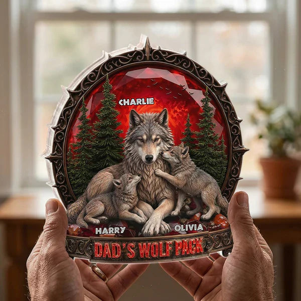 Personalized Shaped Acrylic Block Plaque, Dad's Wolf Pack Red Forest, Unique Gift for Dad
