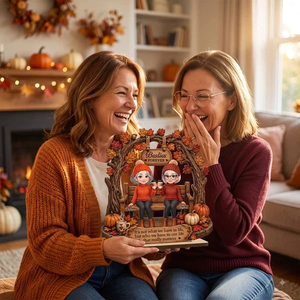 Personalized Layered Wooden Plaque, Rustic Autumn Friends Sharing Coffee, Unique Gift for a Best Friend