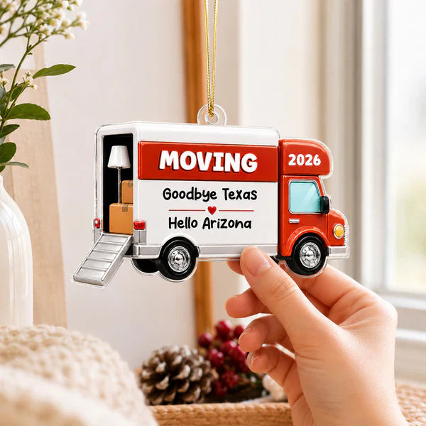 Personalized Acrylic Ornament, Red Moving Van Hanging Tree Decor, Unique New Home Gift for Family