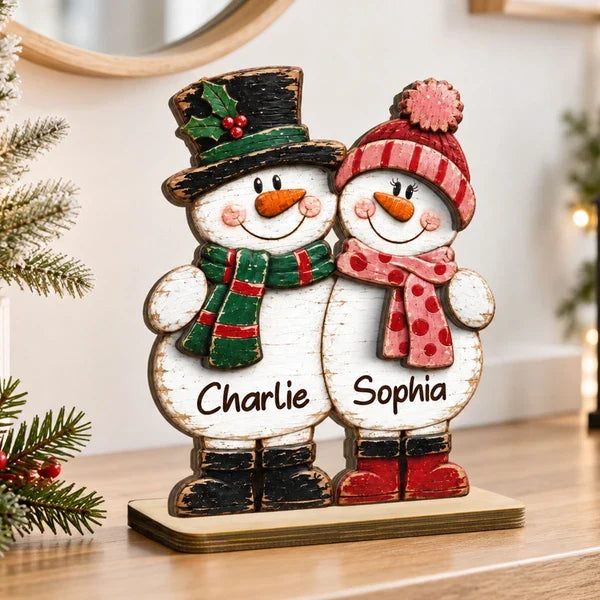 Personalized 2-Layer Wooden Plaque, Rustic Snowman Couple Standing Together, Unique Christmas Gift for Couples