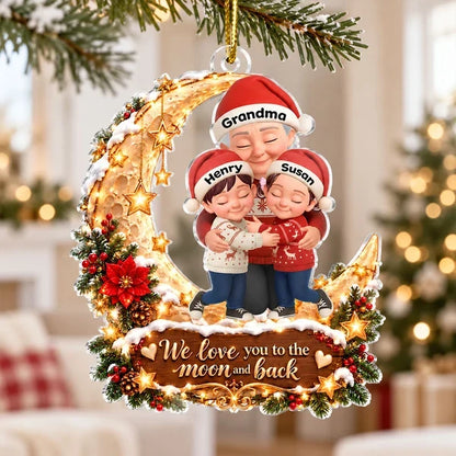 Personalized Acrylic Ornament, Grandma and Grandkids Hugging on a Red and Gold Moon, Unique Christmas Gift