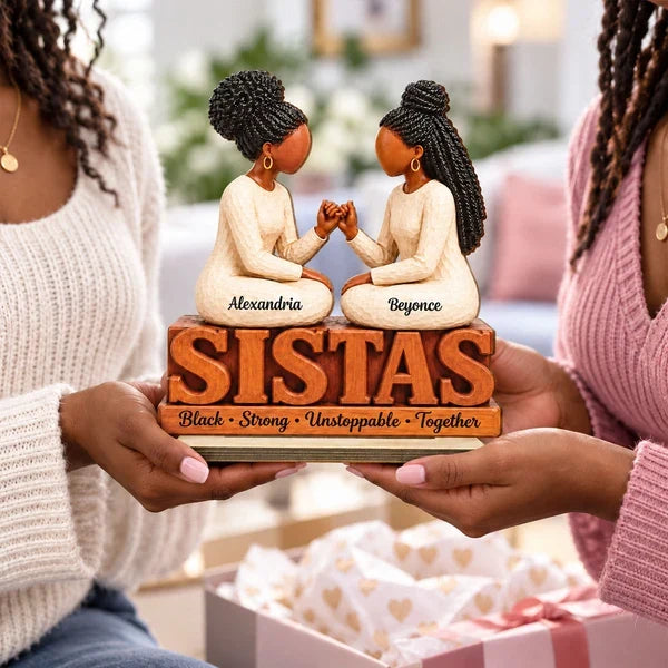 Personalized Wooden Plaque with Sister Figures Making a Pinky Promise, Unique Gift for Sisters and Friends