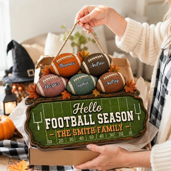 Personalized Wooden Sign, Rustic Football Family Decor with Autumn Leaves, Unique Gift for Sports Fans