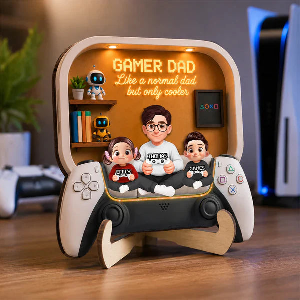 Personalized 2-Layer Wooden Plaque for Gamer Dad, Dad & Kids Holding Controllers Unique Gift