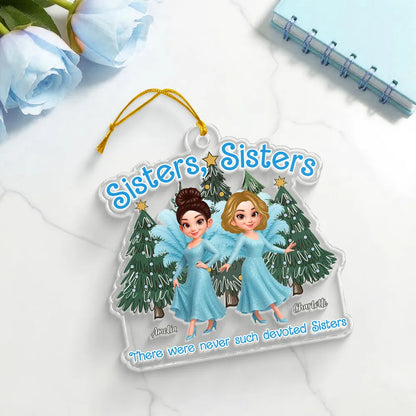 Personalized Sisters Acrylic Ornament featuring glitter blue dress design, holiday decoration and keepsake gift
