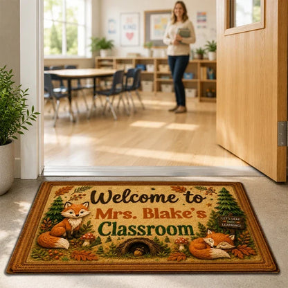 Personalized Standard Doormat With Woodland Foxes For Teacher Classroom, Unique Creative Gift