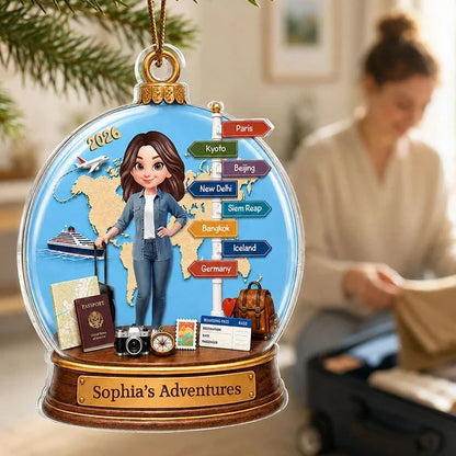 Personalized Acrylic Ornament, Blue Illustrated Woman Traveler with Luggage and World Map, Unique Gift for Travel Lovers