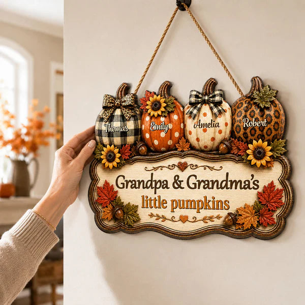 Personalized Wooden Sign With Fall Pumpkins, Unique Creative Gift For Grandparents & Kitchen Decor