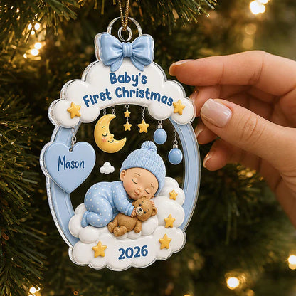 Personalized Acrylic Ornament, Sleeping Baby Moon & Stars, Unique First Christmas Gift for New Parents