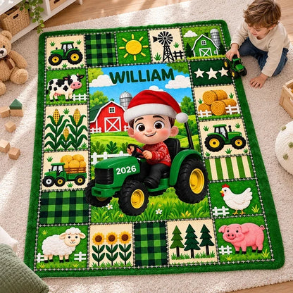 Personalized Fleece Blanket, Christmas Farm Boy Driving a Tractor, Unique Gift for Kids and Grandkids