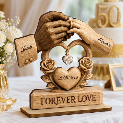 Personalized Layered Wooden Plaque For Couple, Unique Wedding Gift With Warm Ring Exchange Scene