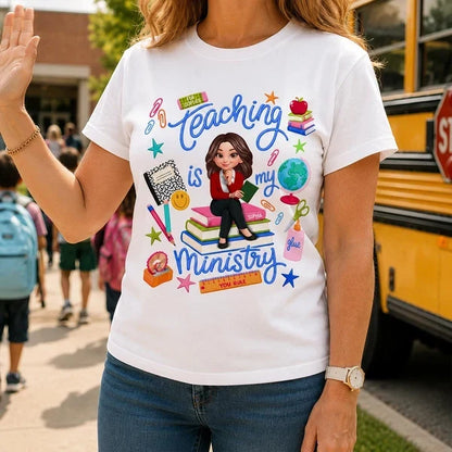 Personalized Teaching Is My Ministry Classic Tee, Creative Teacher Gift With Bright Classroom Art