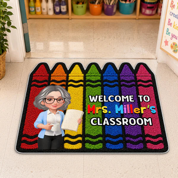 Colorful Crayon Shaped Doormat, Personalized Classroom Welcome, Unique Gift for Teacher