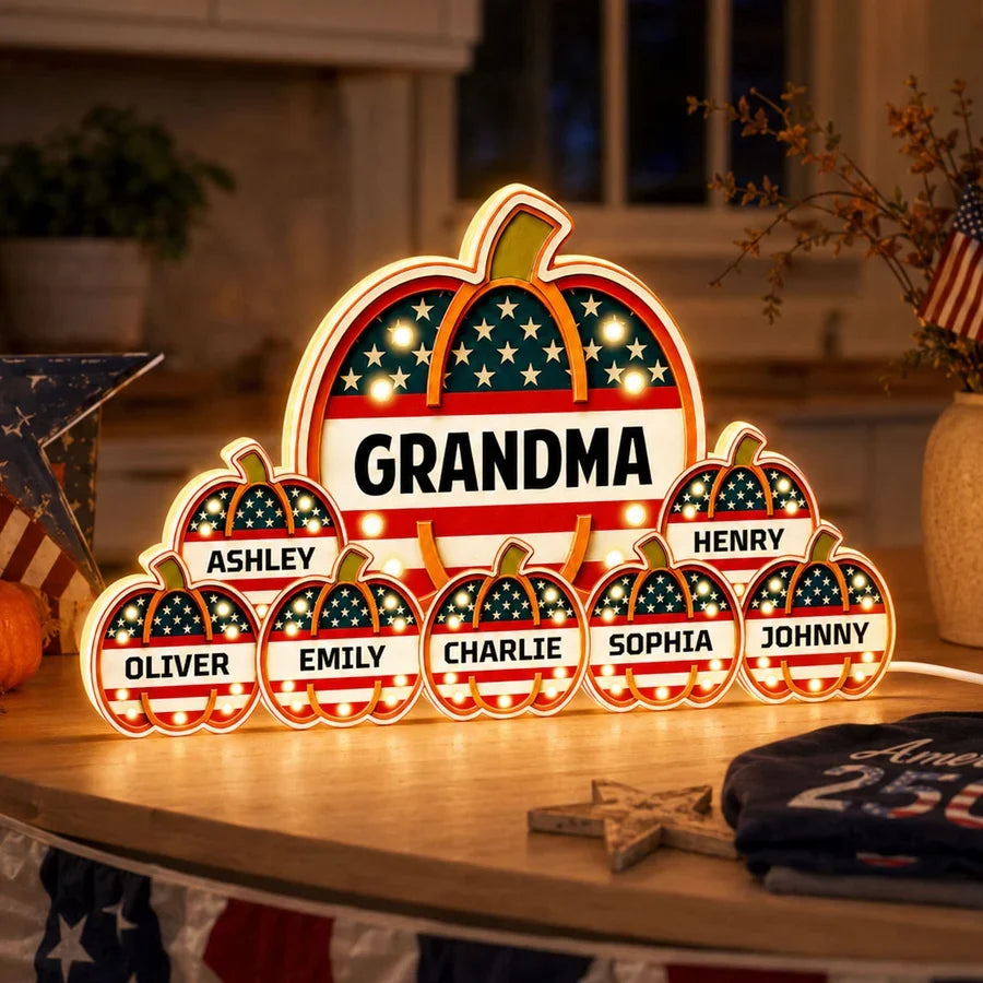 Patriotic Pumpkin Acrylic Light Box, Personalized Family Keepsake, Creative Fall Gift for Grandma