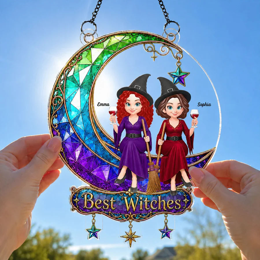 Personalized Acrylic Suncatcher Ornament, Witch Friends On Moon, Unique Halloween Gift For Friends