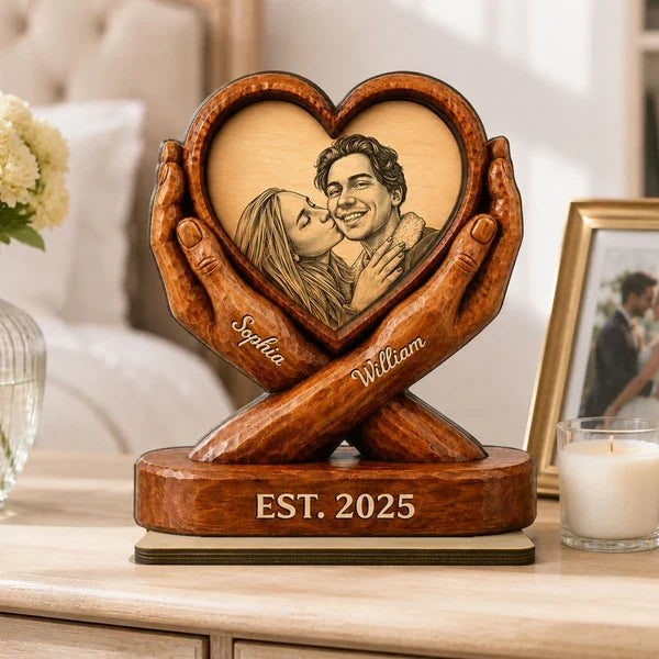 Personalized 2-Layer Wooden Plaque, Smiling Couple in a Heart, Unique Anniversary Gift