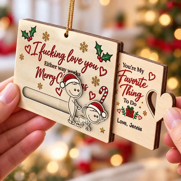 Personalized Wooden Sliding Ornament, Playfully Posing Cartoon Couple, Unique Christmas Gift for Partner