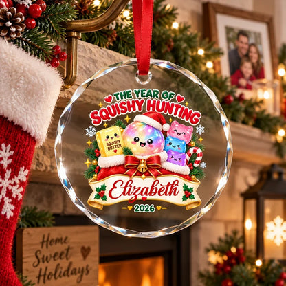 Personalized Crystal Ornament, Kawaii Squishy Hunting on a Christmas Tree, Unique Gift for Kids
