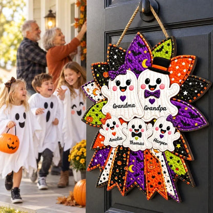 Personalized Wooden Sign with Cheerful Ghost Family Wreath, Heartwarming Halloween Decor, Creative Gift for Grandparents