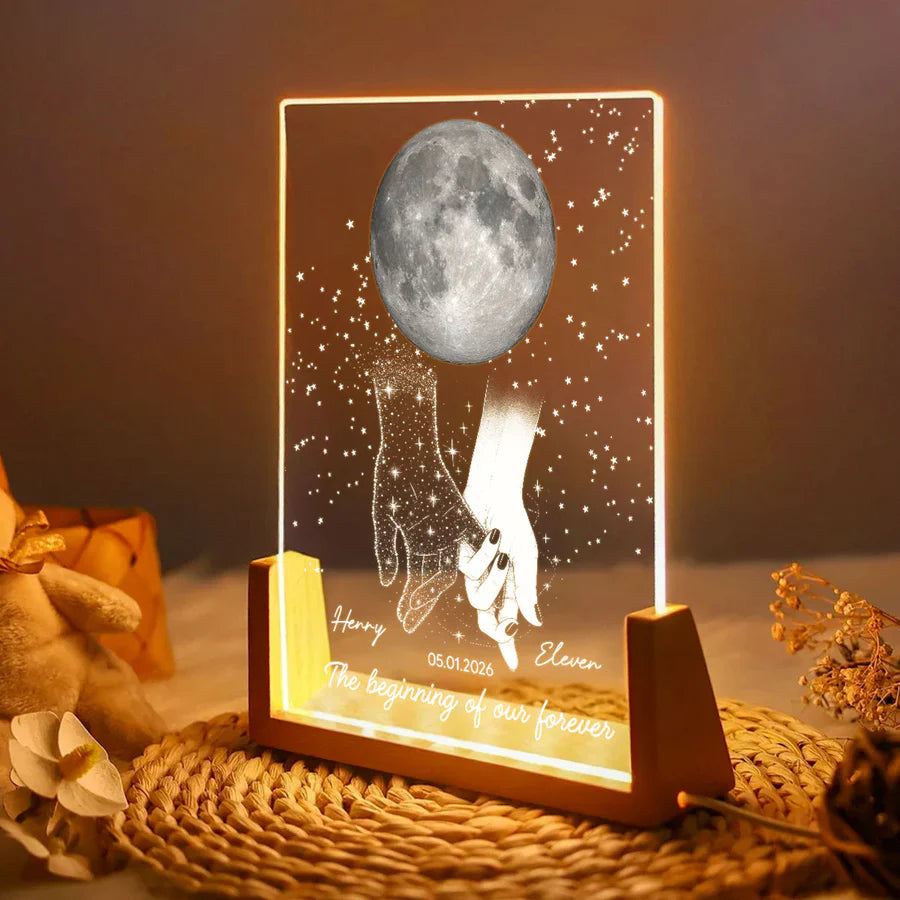 Personalized LED Light Frame, Couple Moon & Stars Design, Unique Gift for Couple with Soft Romantic Glow