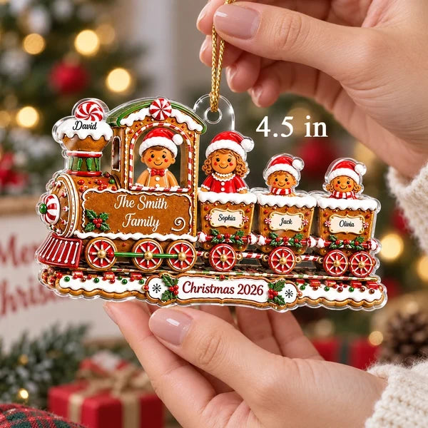 Personalized Acrylic Ornament, Gingerbread Family Train on a Christmas Tree, Unique Holiday Gift for Family