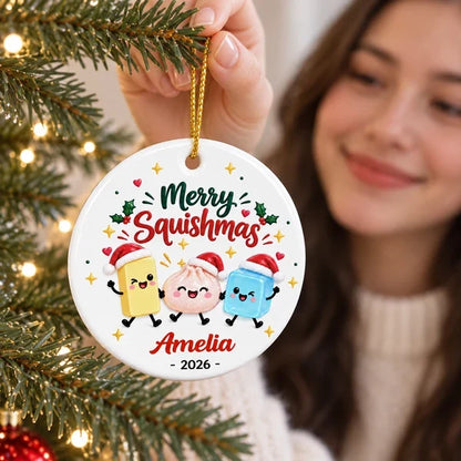 Personalized Ceramic Ornament, Merry Squishmas Cartoon Keepsake, Unique Christmas Gift for Squishy Fans