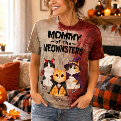 Personalized Printed Classic Tee, Mommy of the Meownsters Cats in Costumes, Unique Gift for Cat Mom
