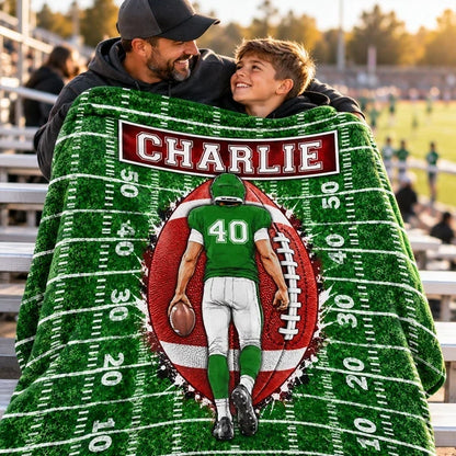 Personalized Fleece Blanket, Football Player Walking on Green Field, Unique Gift for Son or Grandson