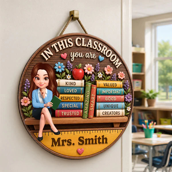 Personalized Wooden Sign for Teacher, Classroom Door Decor with Cartoon Teacher & Books, Unique Gift