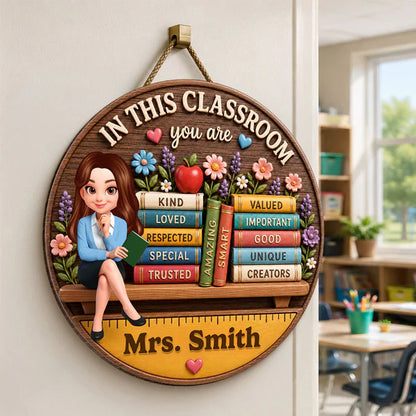 Personalized Wooden Sign for Teacher, Classroom Door Decor with Cartoon Teacher & Books, Unique Gift