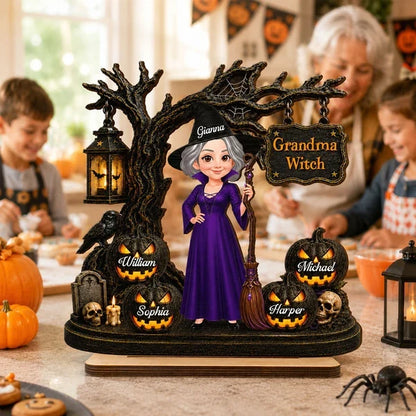 Personalized Wooden Plaque, Grandma Witch With Grandkids Jack-O'-Lanterns, Unique Halloween Gift for Grandma
