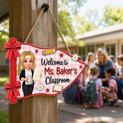 Personalized Wooden Sign for Teacher Classroom Door, Cute Pennant Welcome Decor, Unique Teacher Gift