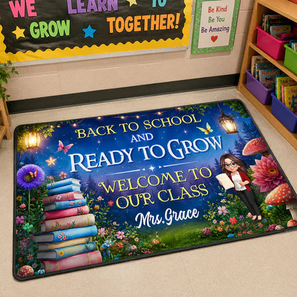 Personalized Back To School Doormat With Teacher Reading Art, Unique Teacher Gift For Indoor Entryway