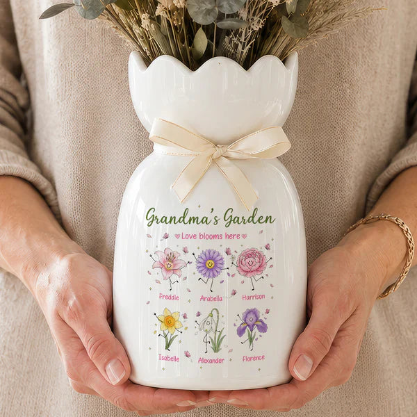 Personalized Scalloped Rim Ceramic Vase, Grandma's Garden Birth Flower Doodles, Unique Gift for Grandma