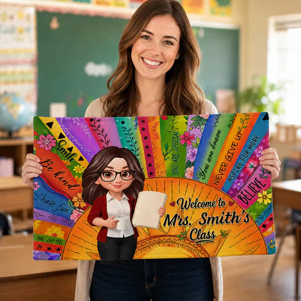 Personalized Teacher Classroom Doormat, Boho Sun Cartoon Teacher Holding Notebook, Unique Gift for Entryway